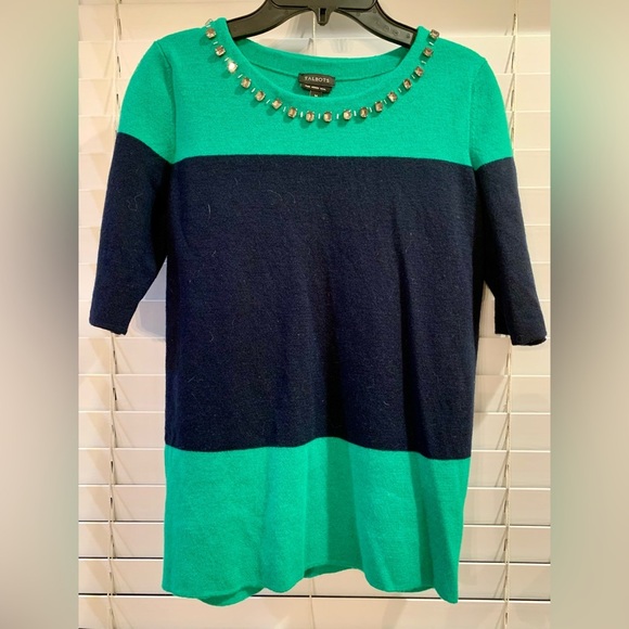Talbots Sweaters - Talbots | Green Blue Color Block Merino Wool Short Sleeve Sweater Embellished M